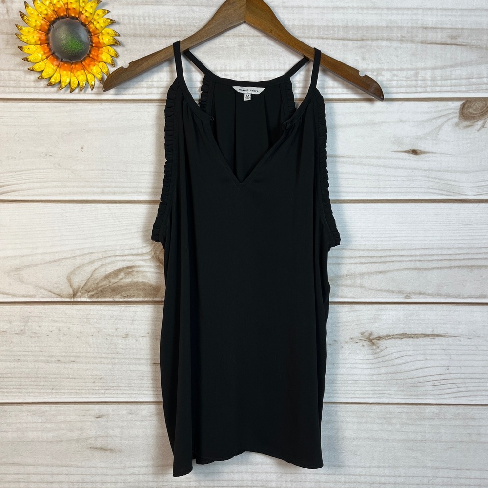 Naked Zebra Black Ruffle Strap V Neck Tank Top Women's Size M